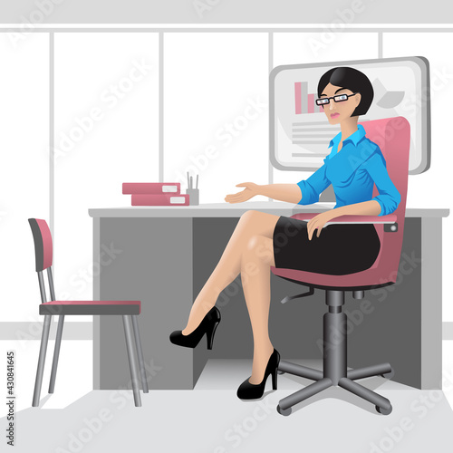 Business Woman sits on a chair in front of a desk and points to an empty chair. The boss invites the subordinate to the office. Monitor and folders on the table. Vector illustration.