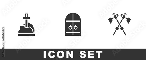 Set Sword in the stone, Medieval castle gate and Crossed medieval axes icon. Vector