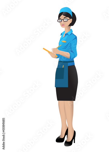The waitress takes the order. Waitress at work. Vector illustration.