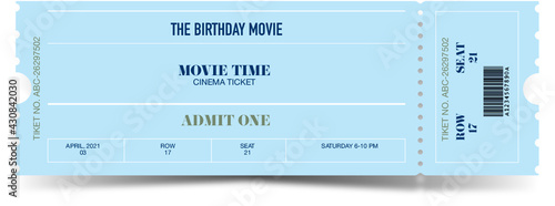 Ticket template modern trendy design. Vector admit ticket with event date and raw seat for cinema movie, music concert or festival.