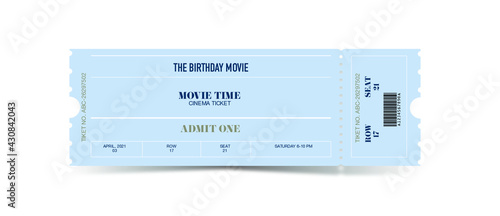 Ticket template modern trendy design. Vector admit ticket with event date and raw seat for cinema movie, music concert or festival.