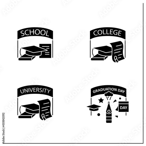 Graduation glyph icons set. School, college, university graduation. Studying concept. Filled flat sign. Isolated silhouette vector illustration