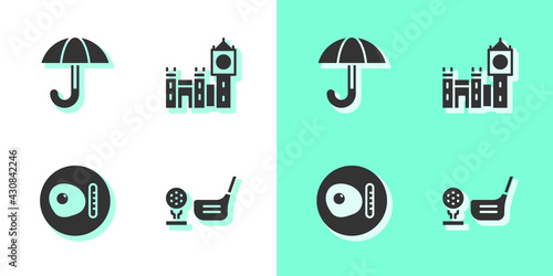 Set Golf club with ball on tee, Umbrella, British breakfast and Big Ben tower icon. Vector