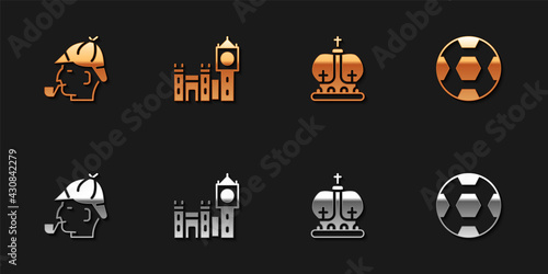 Set Sherlock Holmes, Big Ben tower, British crown and Football ball icon. Vector
