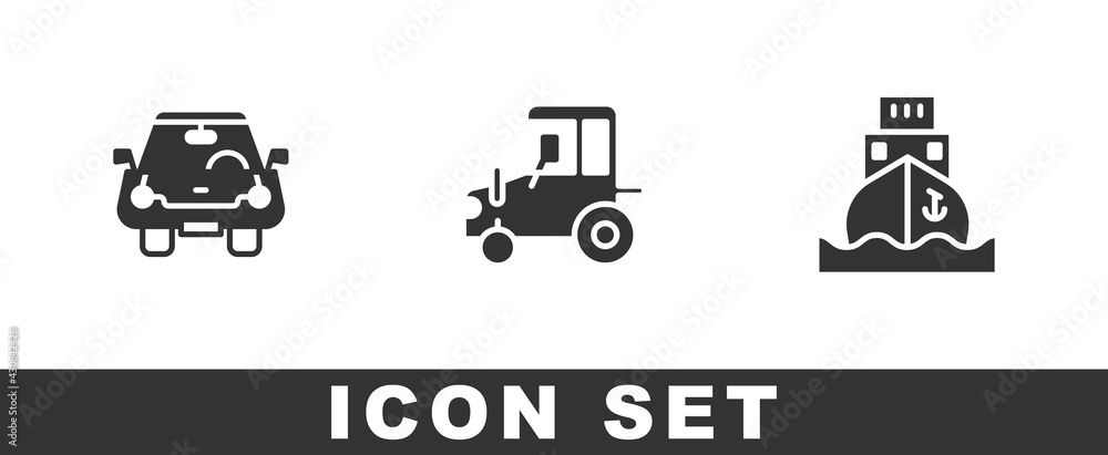 Set Car, Tractor and Cargo ship icon. Vector Set Car, Tractor and Cargo ship icon. Vector