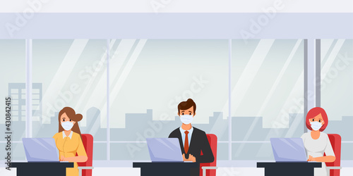 Business office people maintain social distancing office room. Stop covid-19 coronavirus. New normal lifestyle in job.
