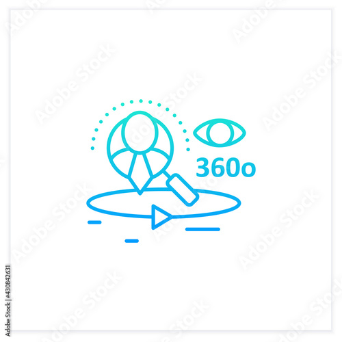 360-degree customer view gradient icon.All client data in one place.Interactions with customer service,social media behavior.Isolated vector illustration.Suitable to banners, mobile apps,presentation