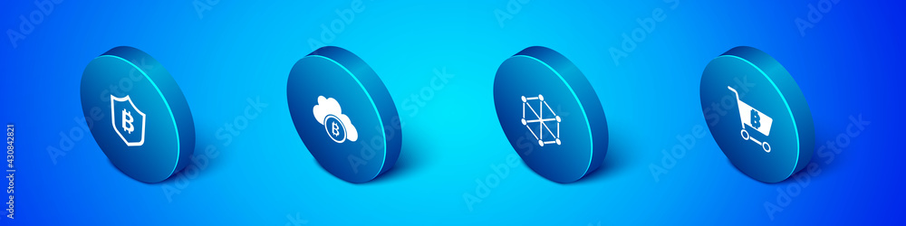 Set Isometric Shield with bitcoin, Blockchain technology, Shopping cart and Cryptocurrency cloud mining icon. Vector Set Isometric Shield with bitcoin, Blockchain technology, Shopping cart and Cryptocurrency cloud mining icon. Vector