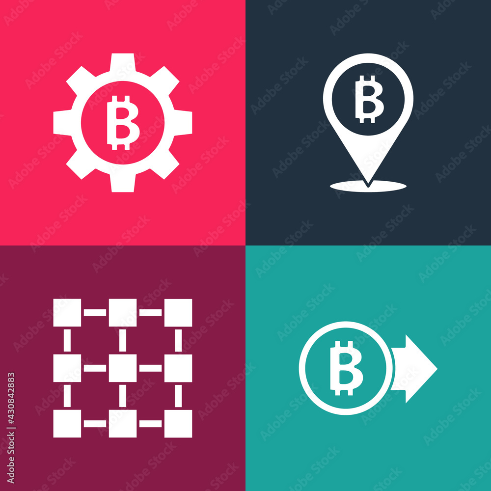 Set pop art Bitcoin, Blockchain technology, and Cryptocurrency icon. Vector Set pop art Bitcoin, Blockchain technology, and Cryptocurrency icon. Vector