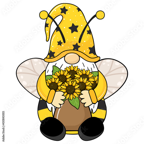 Cute gnome with a bouquet of sunflowers in a vase, vector illustration.