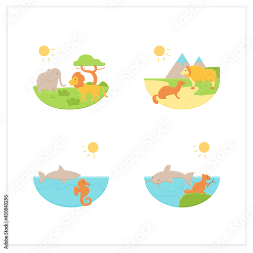 Biodiversity flat icons set. Consists of desert, savana, tundra, freshwater, marine ecosystems. Biodiversity concept. 3d vector illustrations