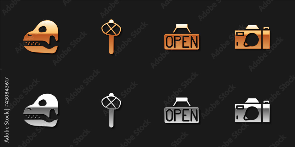 Set Dinosaur skull, Stone age hammer, Hanging sign with Open and Photo camera icon. Vector Set Dinosaur skull, Stone age hammer, Hanging sign with Open and Photo camera icon. Vector