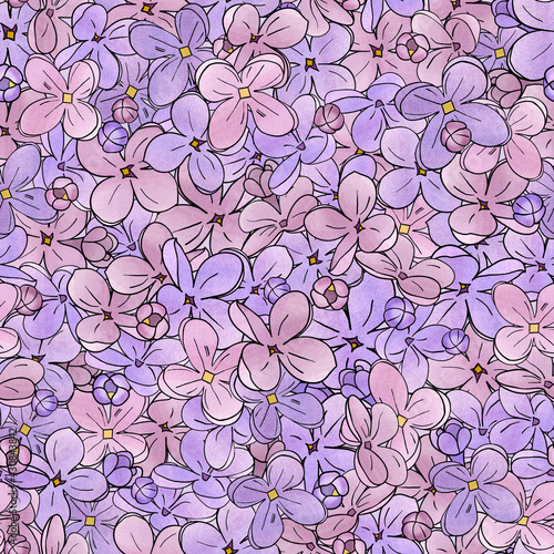 Watercolor and digital seamless background with purple, violet and pink lilac flowers.