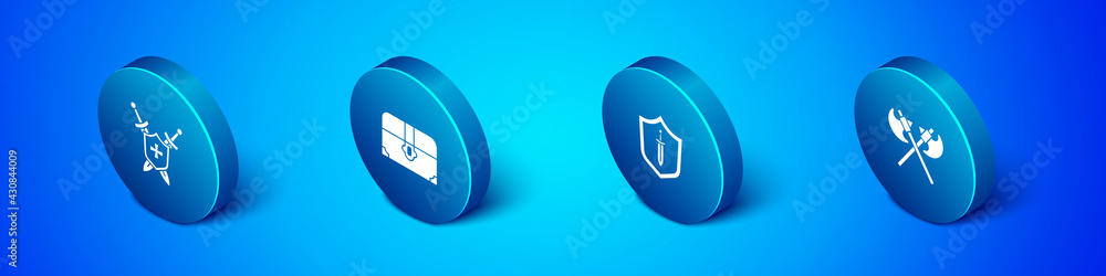 Set Isometric Medieval shield with swords, , Crossed medieval axes and Antique treasure chest icon. Vector Set Isometric Medieval shield with swords, , Crossed medieval axes and Antique treasure chest icon. Vector