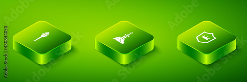 Set Isometric Sword in the stone, Shield with crown and Torch flame icon. Vector