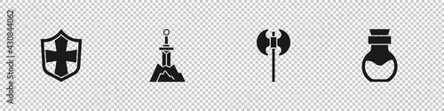 Set Shield, Sword in the stone, Medieval axe and Poison bottle icon. Vector