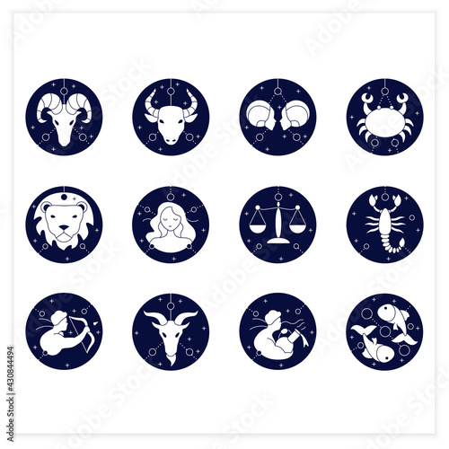 Zodiac flat icons set. Fourth fire signs in zodiac. Birth symbols. Mystic horoscope signs. Astrological science concept.Vector illustration