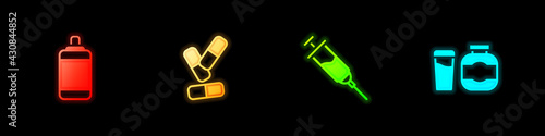 Set Punching bag, Vitamin pill, Doping syringe and Sports nutrition icon. Vector