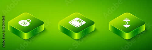Set Isometric Bathroom scales, Dumbbell and Kettlebell icon. Vector