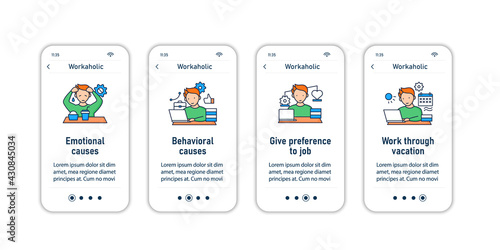 Workaholic onboarding mobile app screens. Workaholism prevention and consequences. Workaholic sings infographic steps menu. Set of UI, UX, web template with RGB color linear icons