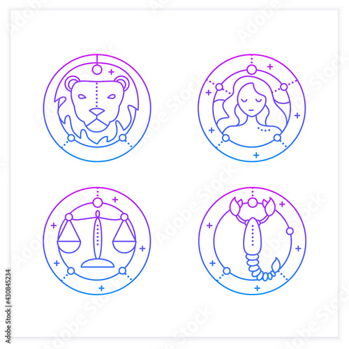 Zodiac gradient icons set. Fourth fire signs in zodiac. Birth symbols. Leo, virgo, scorpio, libra. Mystic horoscope signs.Isolated vector illustration.Suitable to banners, mobile apps and presentation