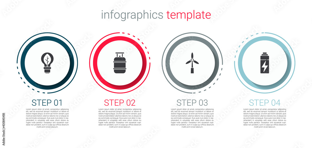 Set Light bulb with leaf, Propane gas tank, Wind turbine and Battery. Business infographic template. Vector