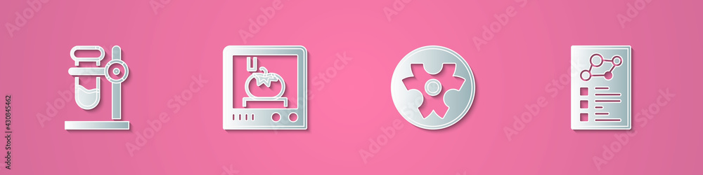 Set paper cut Test tube flask on stand, 3D printing technology, Biohazard symbol and Clinical record icon. Paper art style. Vector Set paper cut Test tube flask on stand, 3D printing technology, Biohazard symbol and Clinical record icon. Paper art style. Vector
