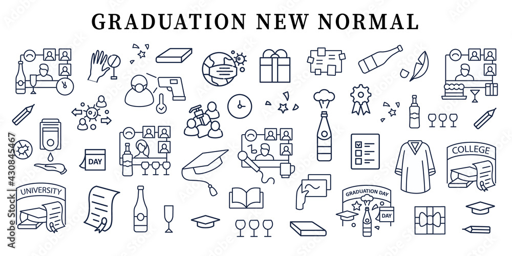 Graduation new normal banner. Personal growth, professional development.Template for landing, web page, layout.Party, academic career and special uniform website interface idea with icons