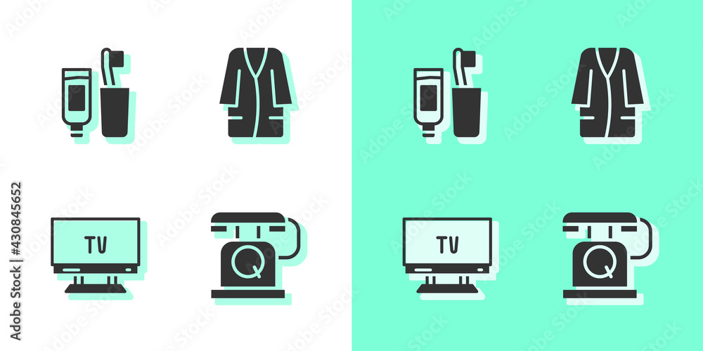 Set Telephone handset, Toothbrush toothpaste, Smart Tv and Bathrobe icon. Vector Set Telephone handset, Toothbrush toothpaste, Smart Tv and Bathrobe icon. Vector