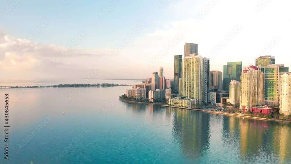 Amazing drone aerial view of Downtown Miami and Brickell Key at dawn, Florida Amazing drone aerial view of Downtown Miami and Brickell Key at dawn, Florida