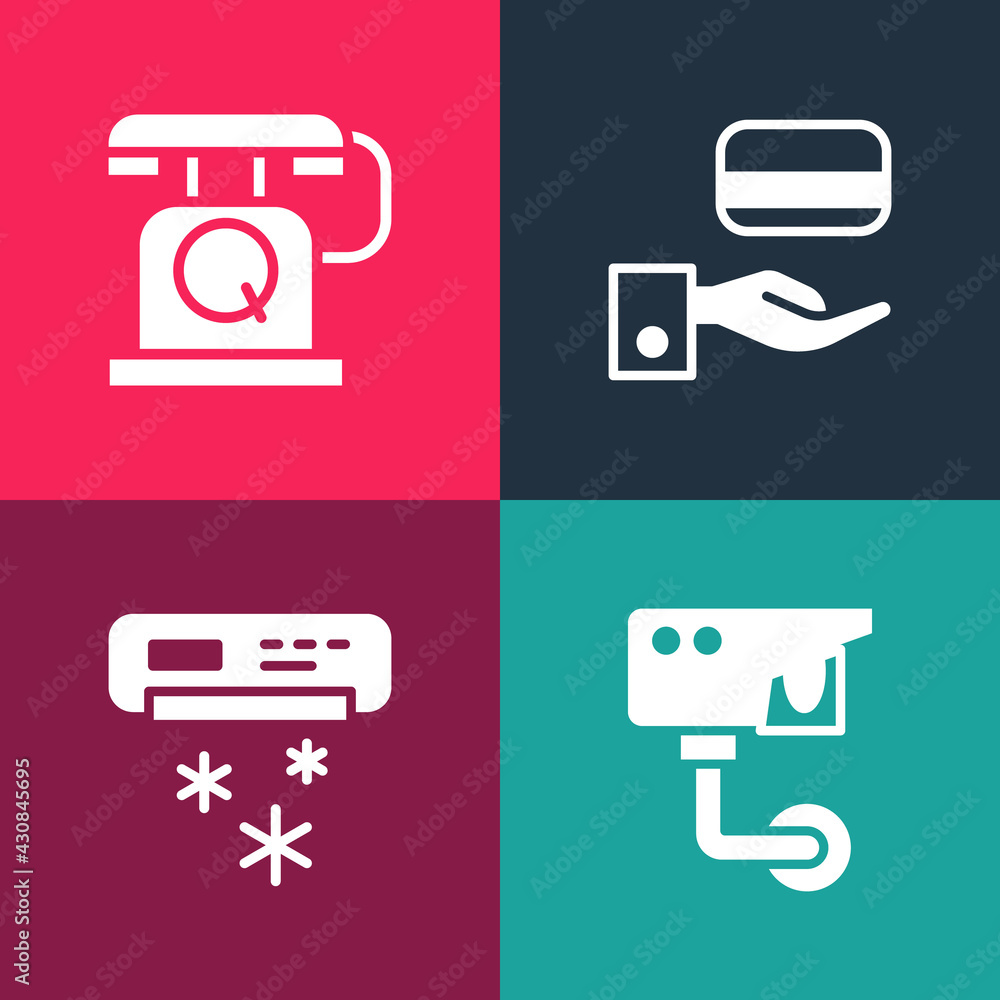 Set pop art Security camera, Air conditioner, Digital door lock and Telephone handset icon. Vector Set pop art Security camera, Air conditioner, Digital door lock and Telephone handset icon. Vector