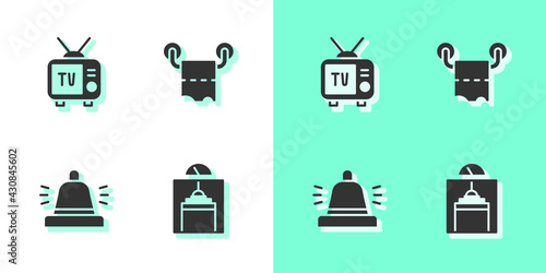 Set Lift, Retro tv, Hotel service bell and Toilet paper roll icon. Vector