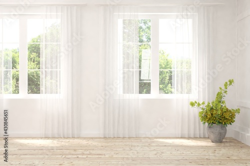 White empty room with summer landscape in window. Scandinavian interior design. 3D illustration