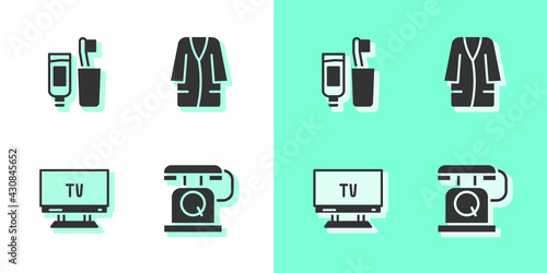 Set Telephone handset, Toothbrush toothpaste, Smart Tv and Bathrobe icon. Vector