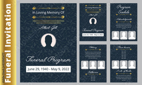 Floral memorial and funeral invitation card template design, cherry blossom and leaves, blue and brown tones. Botanical memorial and funeral invitation card template design, white lilies with black an photo