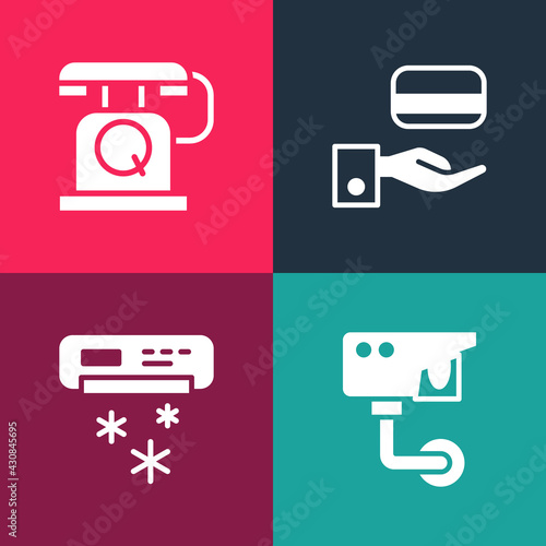 Set pop art Security camera, Air conditioner, Digital door lock and Telephone handset icon. Vector
