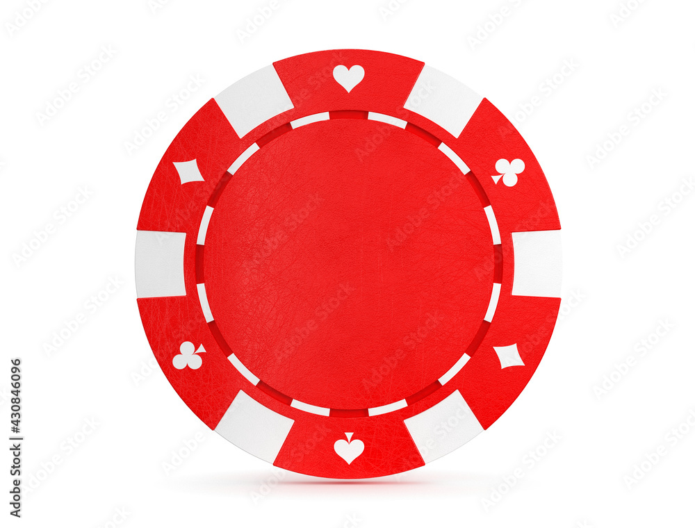 Red gambling chip isolated on white background. Casino token coin with playing cards poker symbols diamonds, spades, clubs and hearts. 3D illustration Red gambling chip isolated on white background. Casino token coin with playing cards poker symbols diamonds, spades, clubs and hearts. 3D illustration