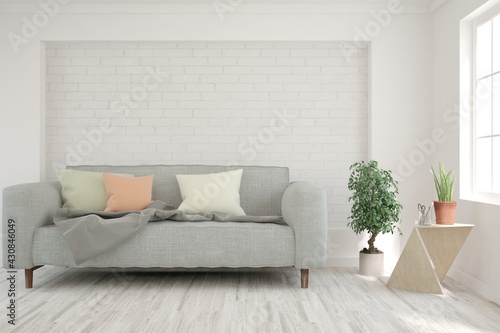 White living room with sofa. Scandinavian interior design. 3D illustration