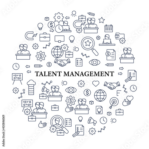 Talent management circle poster.Attracting Employees. Recruitment. Talent development.Business Practice concept.Isolated vector template