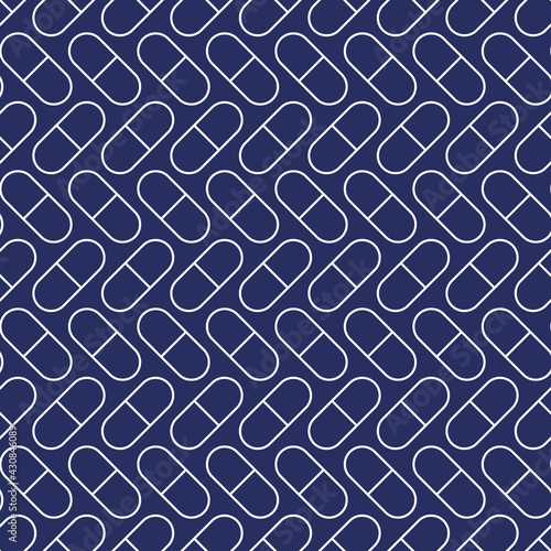 Vector seamless pattern with white pills, tablets, isolated on blue background. Medical preparations. Linear style design. Black and white illustration.