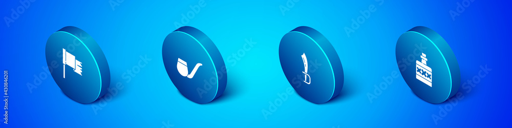 Set Isometric Pirate flag, sword, Alcohol drink Rum and Smoking pipe icon. Vector Set Isometric Pirate flag, sword, Alcohol drink Rum and Smoking pipe icon. Vector
