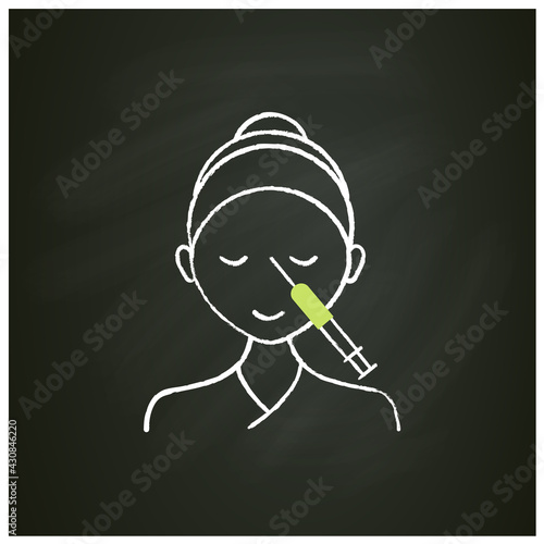 Cosmetic injection chalk icon.Woman doing injection between eyebrows. Rejuvenation. Full syringe. Beauty cosmetic procedure concept.Isolated vector illustration on chalkboard
