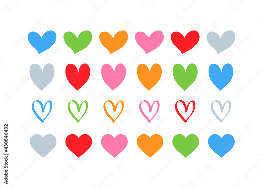 Collection of multi-colored hearts. In a flat style. For the design of cards and cups.