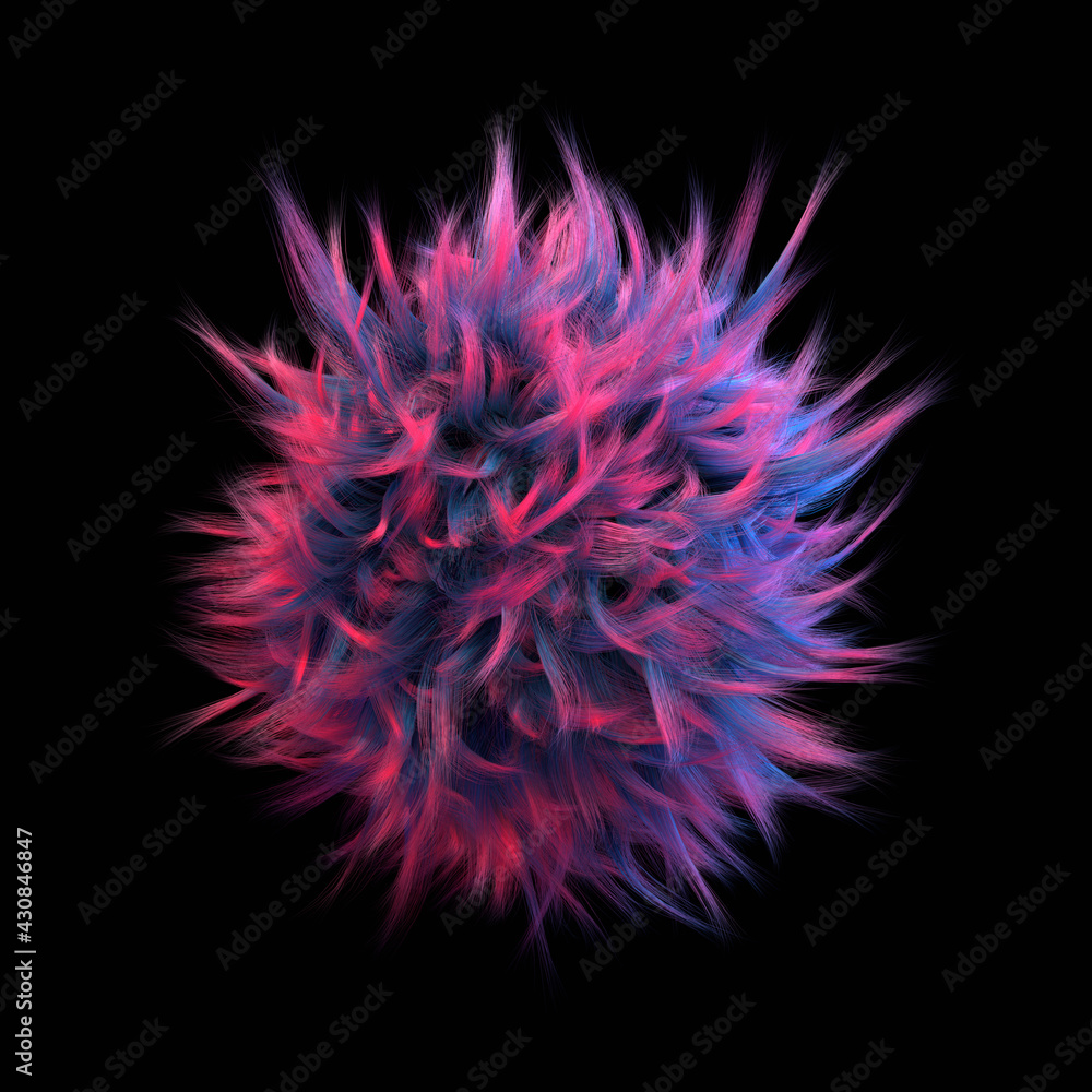 3D render, fluffy shaggy round with dyed hair in the colors of the 80s is isolated on black. Abstract visualization is something modern in the image of a speck of dust. 3D render, fluffy shaggy round with dyed hair in the colors of the 80s is isolated on black. Abstract visualization is something modern in the image of a speck of dust.