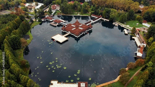 Aerial 4k drone video of the thermal lake Heviz in Hungary