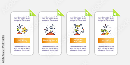 Smart farm vector infographics. Agricultural innovation template design elements. Presentation with 4 steps. Farming layout, info chart, banner