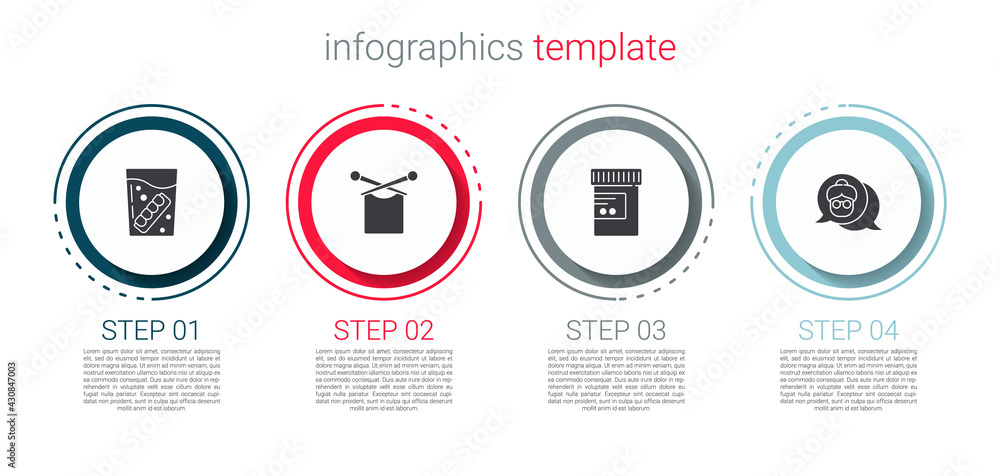 Set False jaw in glass, Knitting, Medicine bottle and pills and Grandmother. Business infographic template. Vector Set False jaw in glass, Knitting, Medicine bottle and pills and Grandmother. Business infographic template. Vector