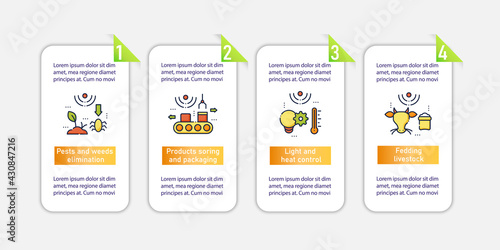 Smart farm vector infographics. Agricultural innovation template design elements. Presentation with 4 steps. Farming layout, info chart, banner