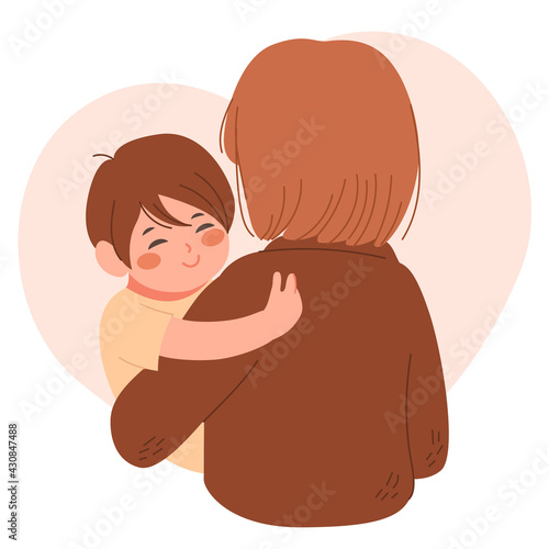 Illustration of happy little boy hugging mother showing love