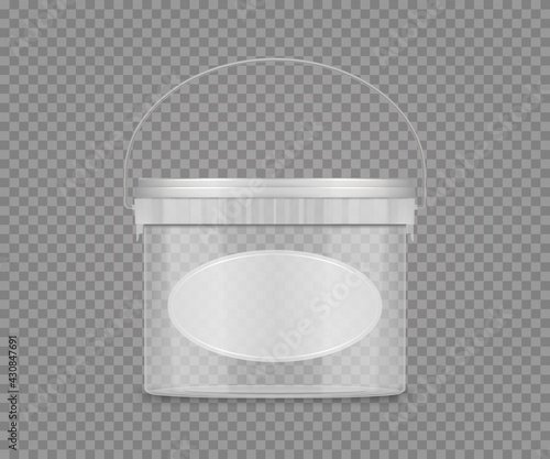 Transparent bucket mockup with label and handle for cheese, ice cream, mayonnaise, yogurt